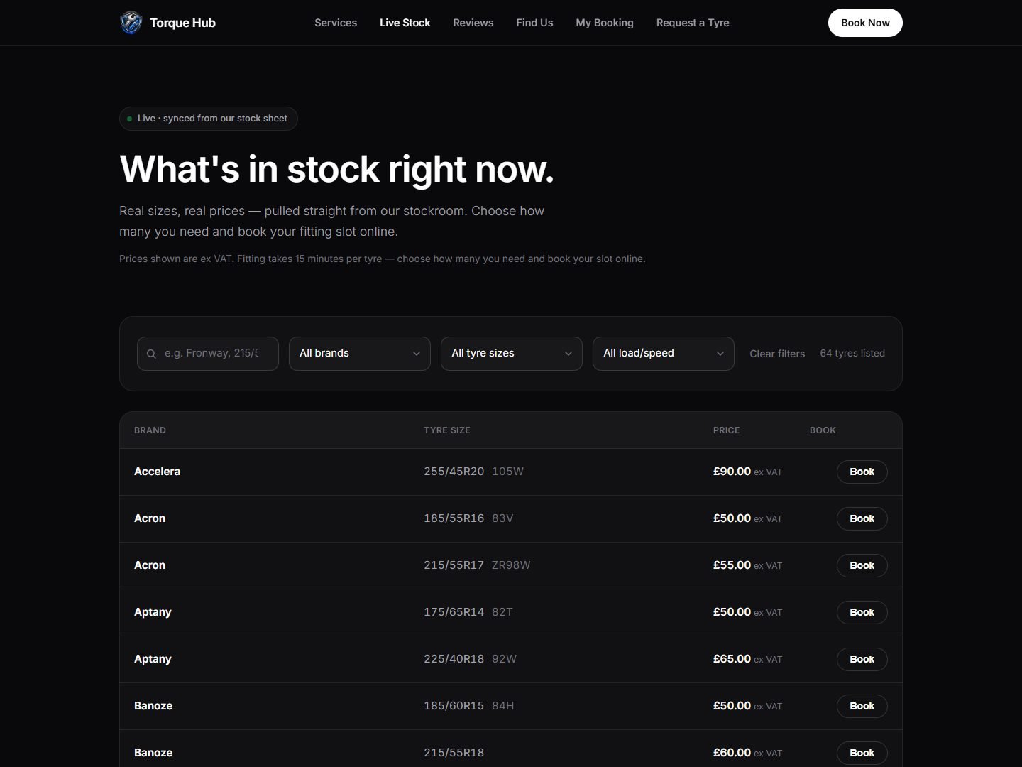 Torque Hub live tyre stock page, synced from a Google Sheet